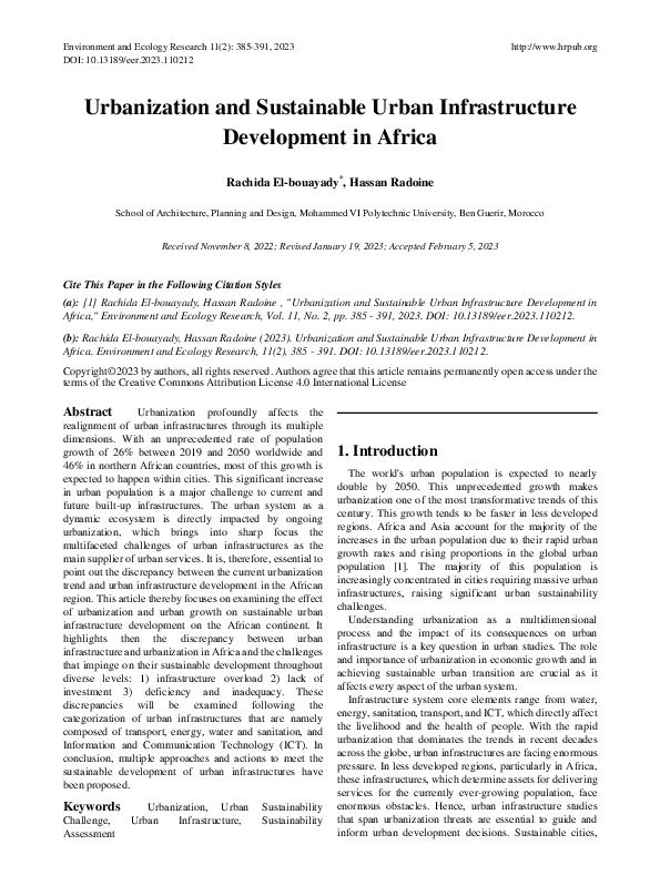 (PDF) Urbanization and Sustainable Urban Infrastructure Development in ... - Urban Planning And Development In Africa