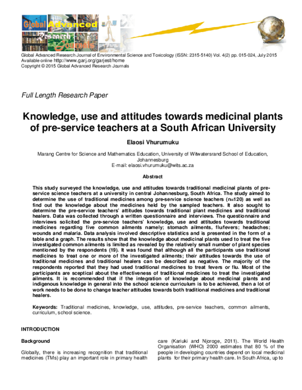 (PDF) Knowledge, use and attitudes towards medicinal plants of pre ...