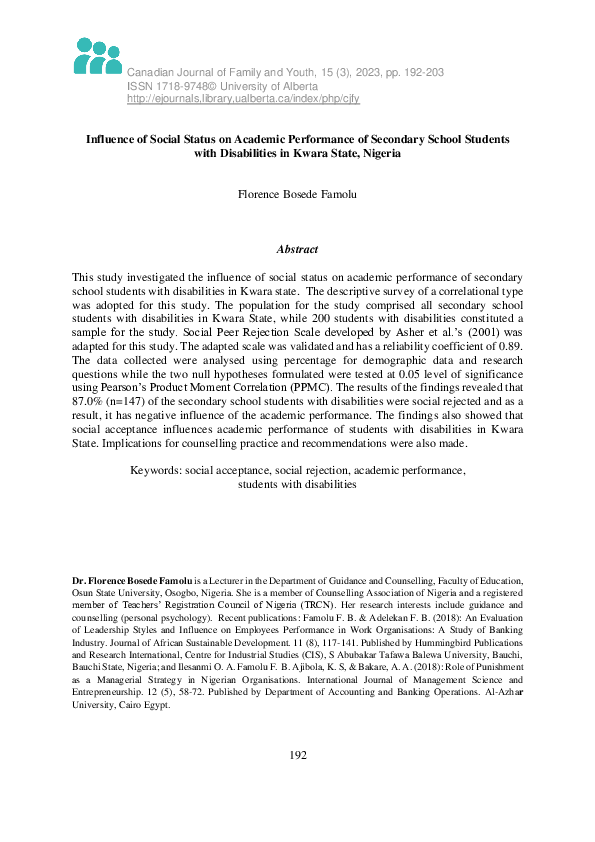 (PDF) Influence of Social Status on Academic Performance of Secondary ...