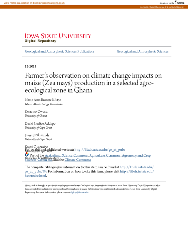 (PDF) Farmer’s observation on climate change impacts on maize (Zea mays ...