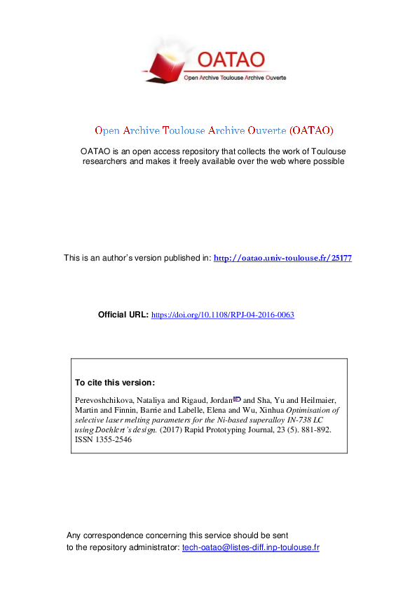 (PDF) Optimisation of selective laser melting parameters for the Ni ...