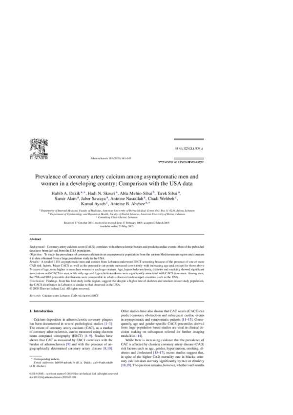 (PDF) Prevalence of coronary artery calcium among asymptomatic men and ...