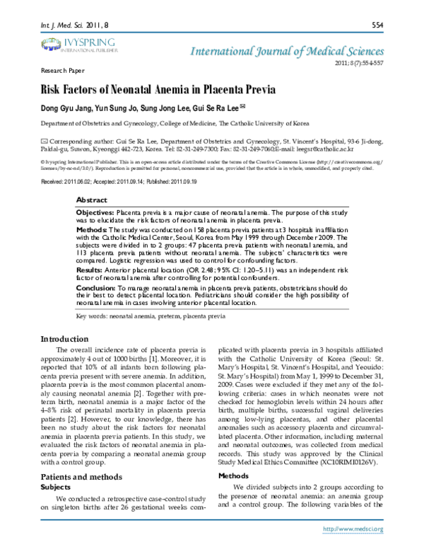 (PDF) Risk Factors of Neonatal Anemia in Placenta Previa