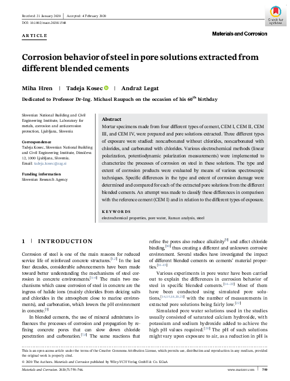(PDF) Corrosion behavior of steel in pore solutions extracted from ...