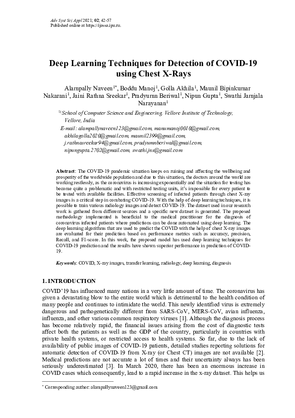 (PDF) Deep learning techniques for detection of covid-19 using chest x-rays
