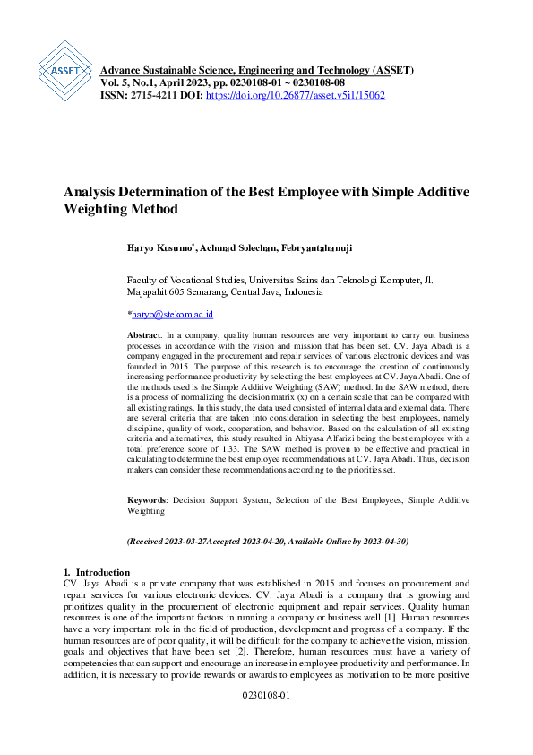 (PDF) Analysis Determination of the Best Employee Using the Simple ...