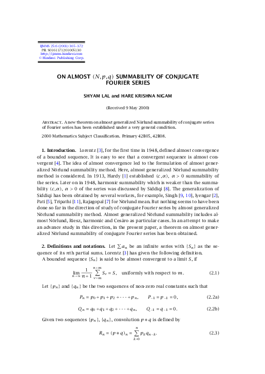 (PDF) On almost (N,p,q) summability of conjugate Fourier series