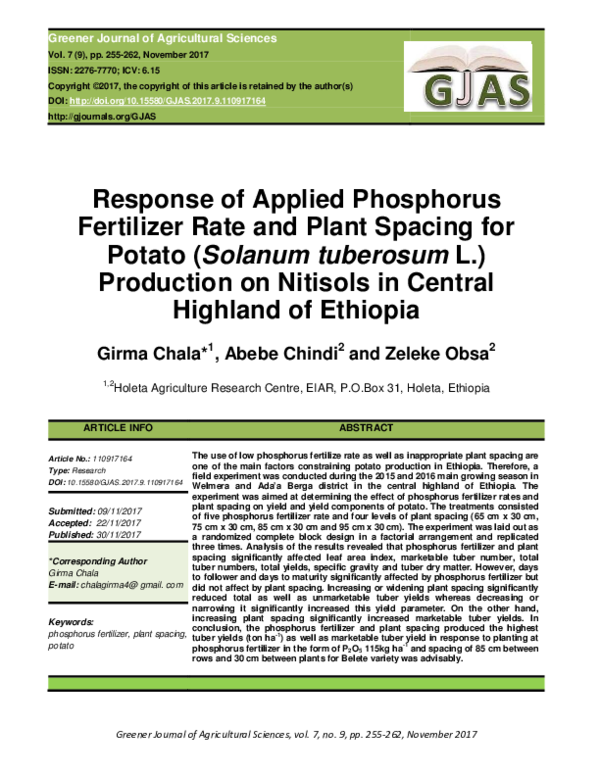 (PDF) Response of Applied Phosphorus Fertilizer Rate and Plant Spacing ...