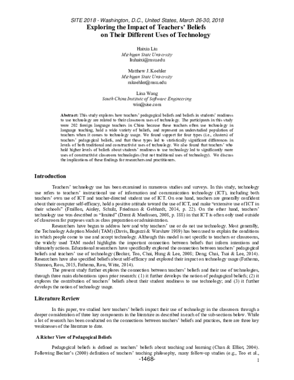 (PDF) The Impact of Teachers’ Beliefs on Their Different Uses of Technology