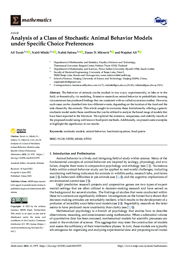 (PDF) Analysis of a Class of Stochastic Animal Behavior Models under ...