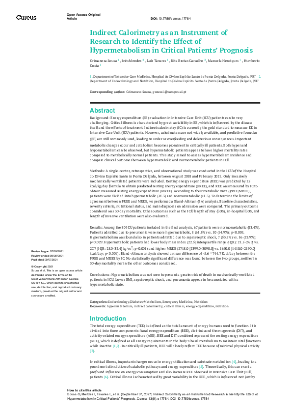 (PDF) Indirect Calorimetry as an Instrument of Research to Identify the ...