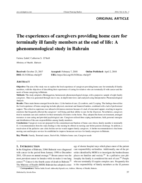 (PDF) The experiences of caregivers providing home care for terminally ...