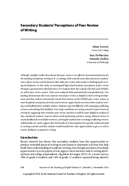 (PDF) Secondary Students' Perceptions of Peer Review of Writing