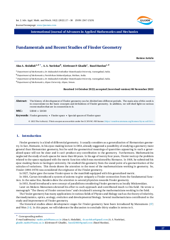 (PDF) Fundamentals and Recent Studies of Finsler Geometry
