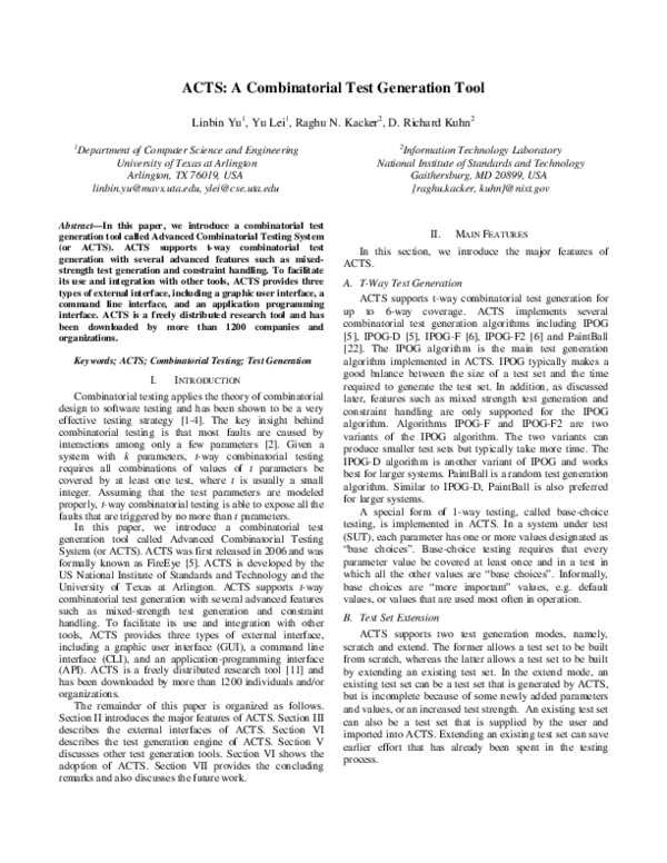 (PDF) ACTS: A Combinatorial Test Generation Tool