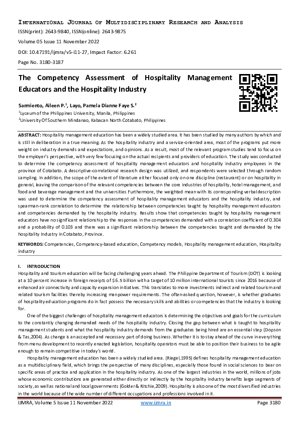 (PDF) The Competency Assessment of Hospitality Management Educators and ...