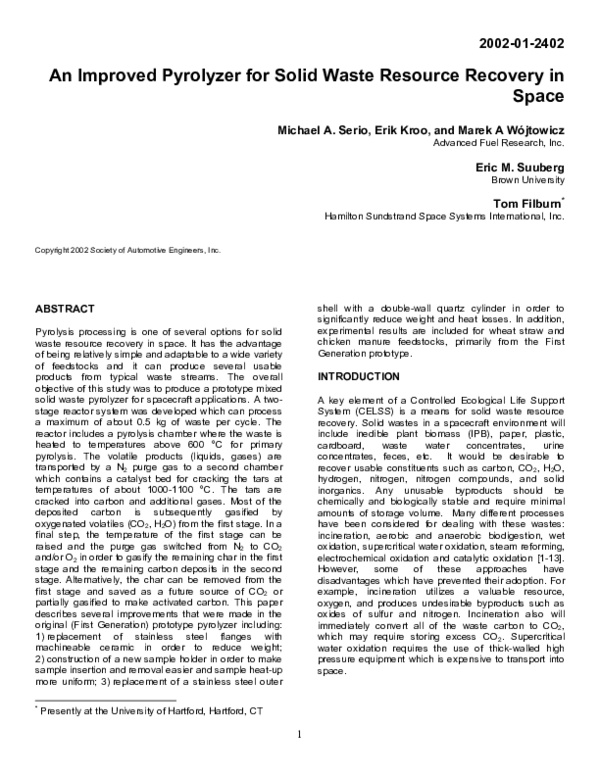 (PDF) An Improved Pyrolyzer for Solid Waste Resource Recovery in Space