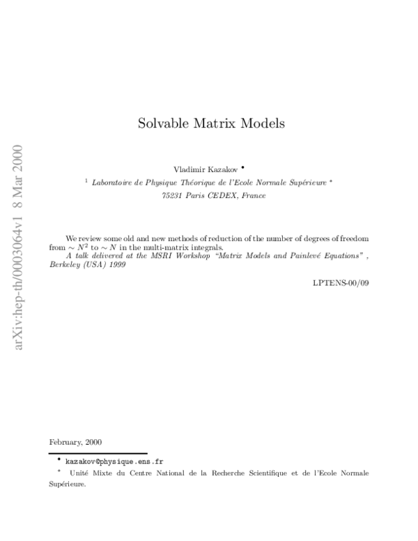 (PDF) Solvable matrix models