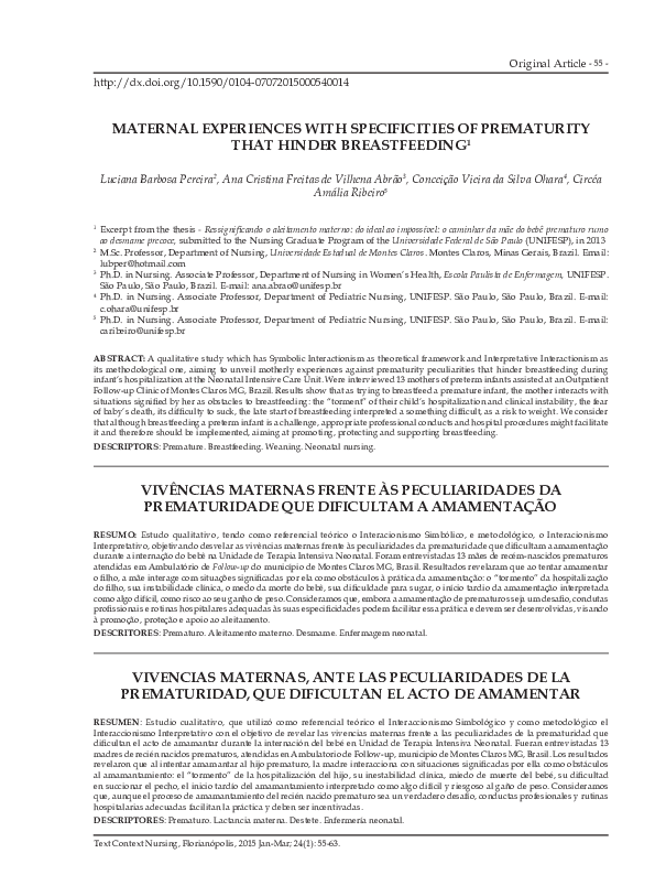 (PDF) Maternal experiences with specificities of prematurity that ...