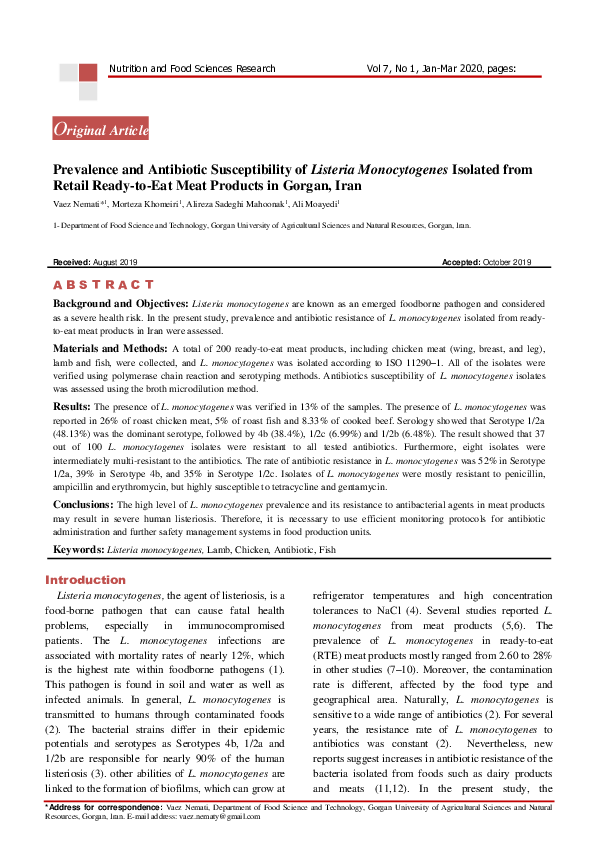 (PDF) Prevalence and Antibiotic Susceptibility of Listeria ...