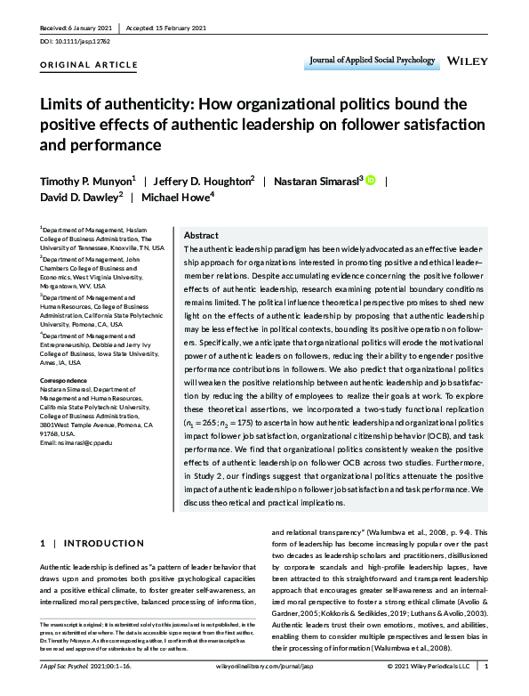 (PDF) Organizational Politics as a Moderator of the Authentic ...