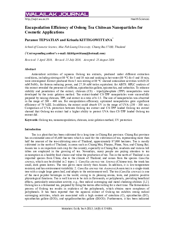 (PDF) Encapsulation Efficiency of Oolong Tea Chitosan Nanoparticles for ...