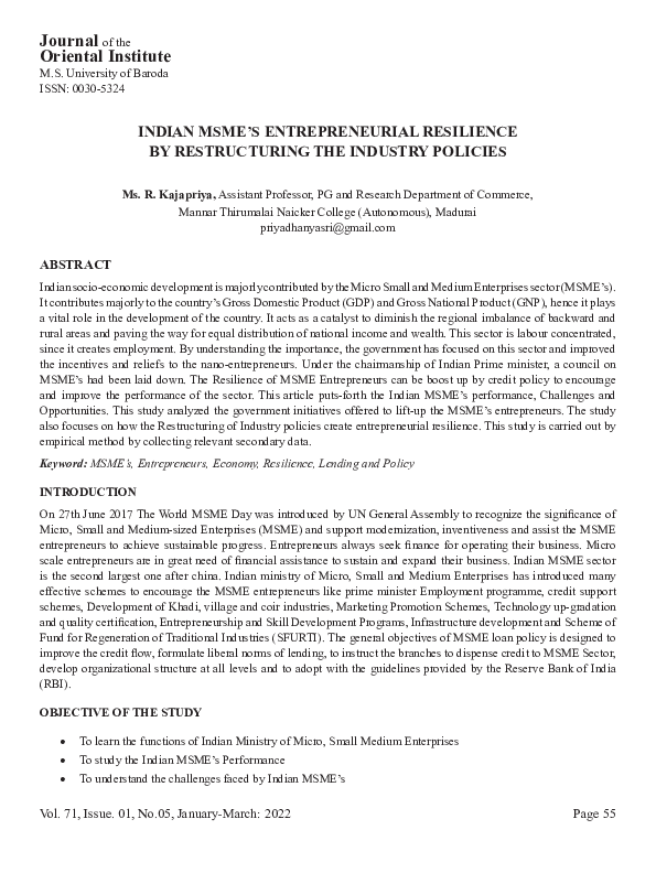 (PDF) INDIAN MSME'S ENTREPRENEURIAL RESILIENCE BY RESTRUCTURING THE ...