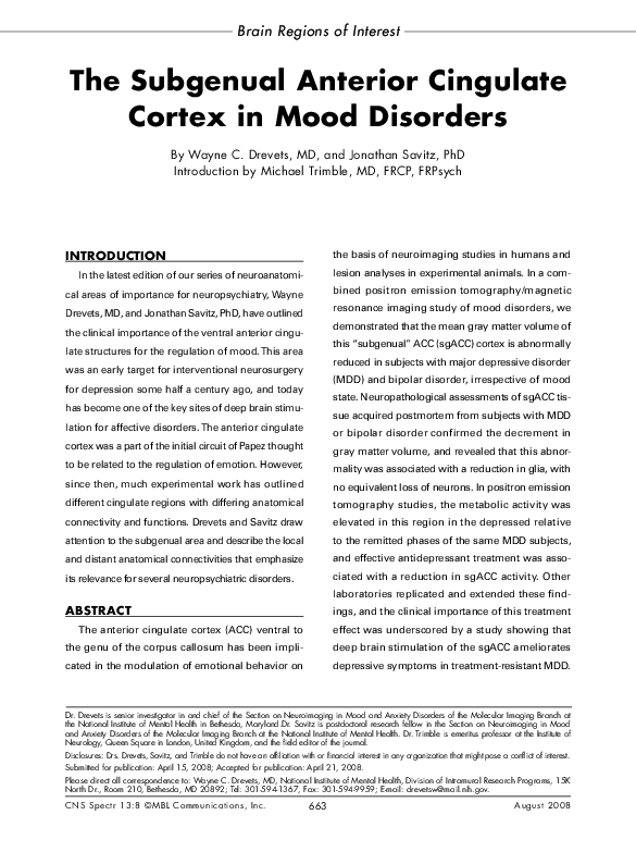 (PDF) The Subgenual Anterior Cingulate Cortex in Mood Disorders