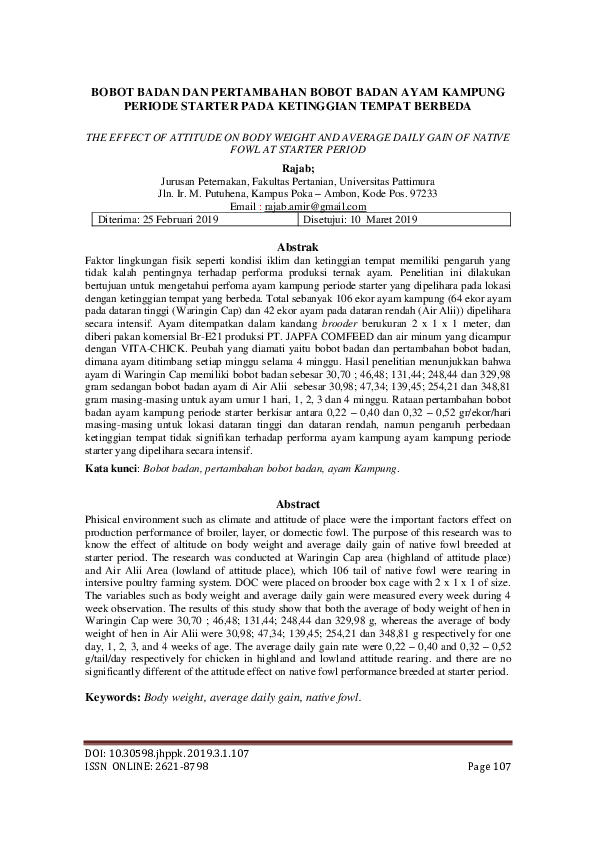 Bobot Badan Dan Pertambahan Bobot Badan Ayam Kampung Periode Starter Pada Ketinggian Tempat Berbeda