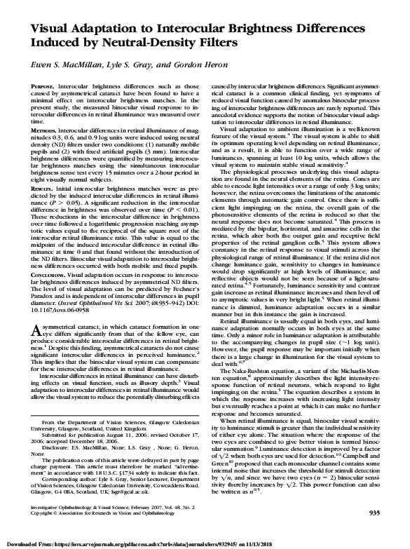(PDF) Visual Adaptation to Interocular Brightness Differences Induced ...