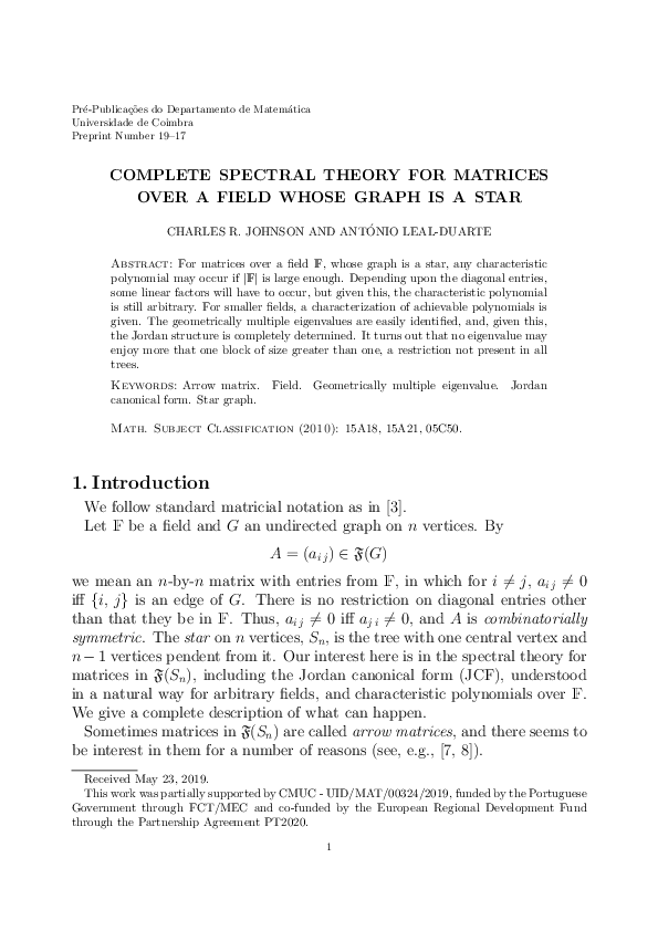 (PDF) Complete Spectral Theory for Matrices Over a Field Whose Graph is ...