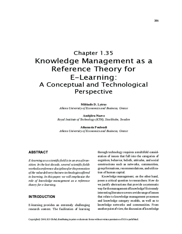 (PDF) Knowledge Management as a Reference Theory for E-Learning