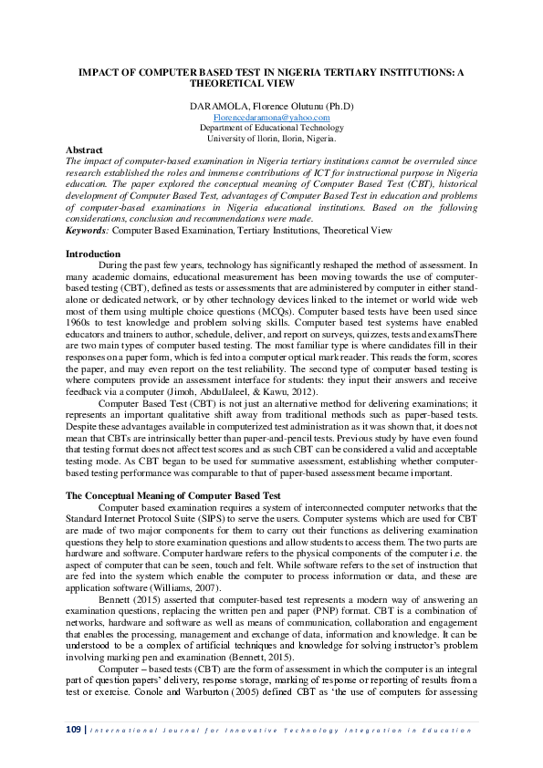 (PDF) Impact of Computer Based Test in Nigeria Tertiary Institutions: A ...