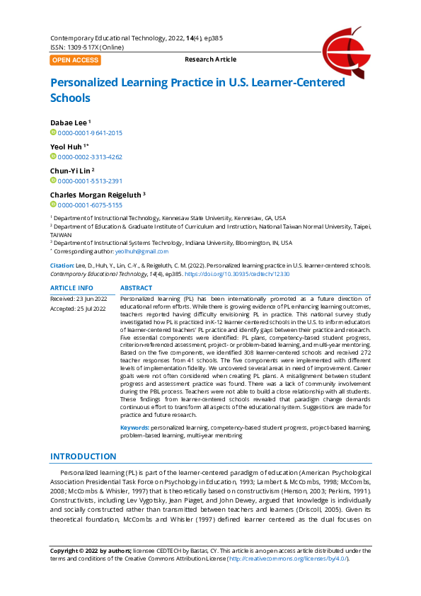 (PDF) Personalized Learning Practice in U.S. Learner-Centered Schools