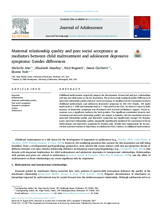 (PDF) Maternal relationship quality and peer social acceptance as ...