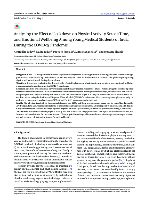 (PDF) Analysing the Effect of Lockdown on Physical Activity, Screen ...