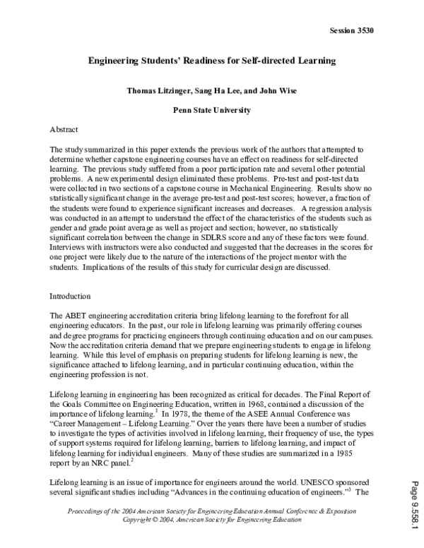 (PDF) Engineering Students' Readiness For Self Directed Learning