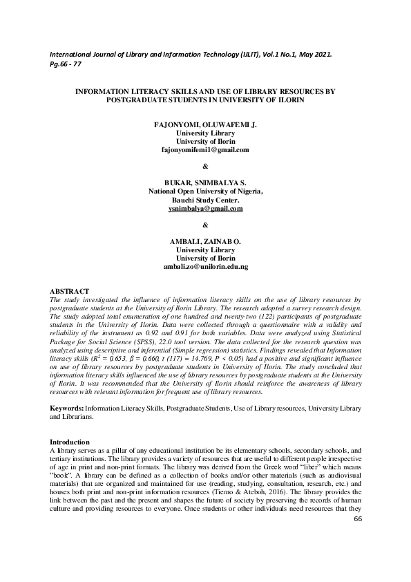 (PDF) INFORMATION LITERACY SKILLS AND USE OF LIBRARY RESOURCES BY ...