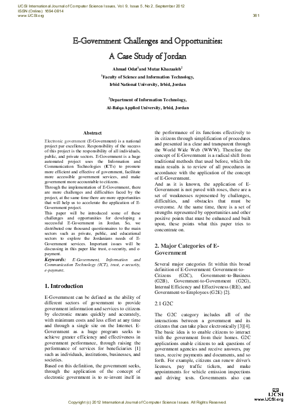 (PDF) E-Government Challenges and Opportunities: A Case Study of Jordan