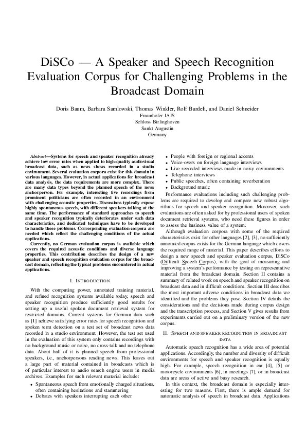 (PDF) DiSCo - a speaker and speech recognition evaluation corpus for ...