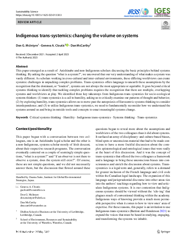 (PDF) Indigenous trans-systemics: changing the volume on systems