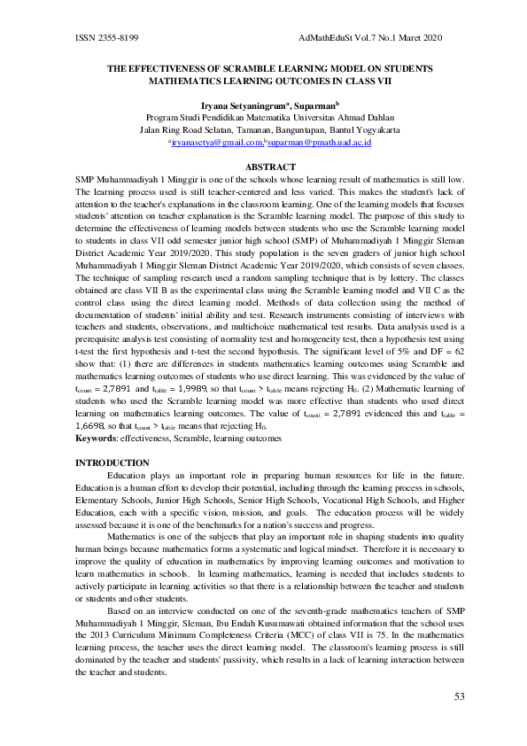 (PDF) The Effectiveness of Scramble Learning Model on Students ...