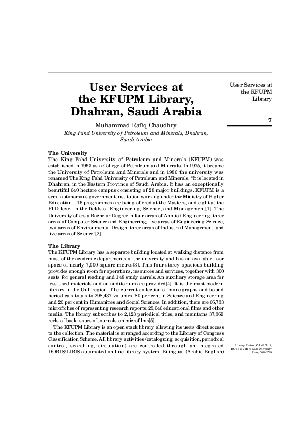 (PDF) User Services at the KFUPM Library, Dhahran, Saudi Arabia