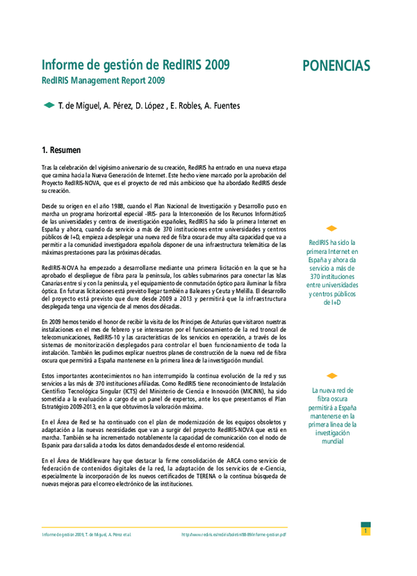 (PDF) Informe de gestión de RedIRIS 2009