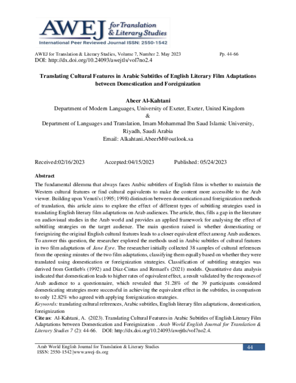 (PDF) Translating Cultural Features in Arabic Subtitles of English ...