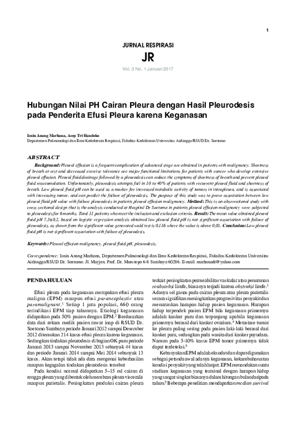 Hubungan Nilai PH Cairan Pleura dengan Hasil Pleurodesis pada Penderita Efusi Pleura karena Keganasan