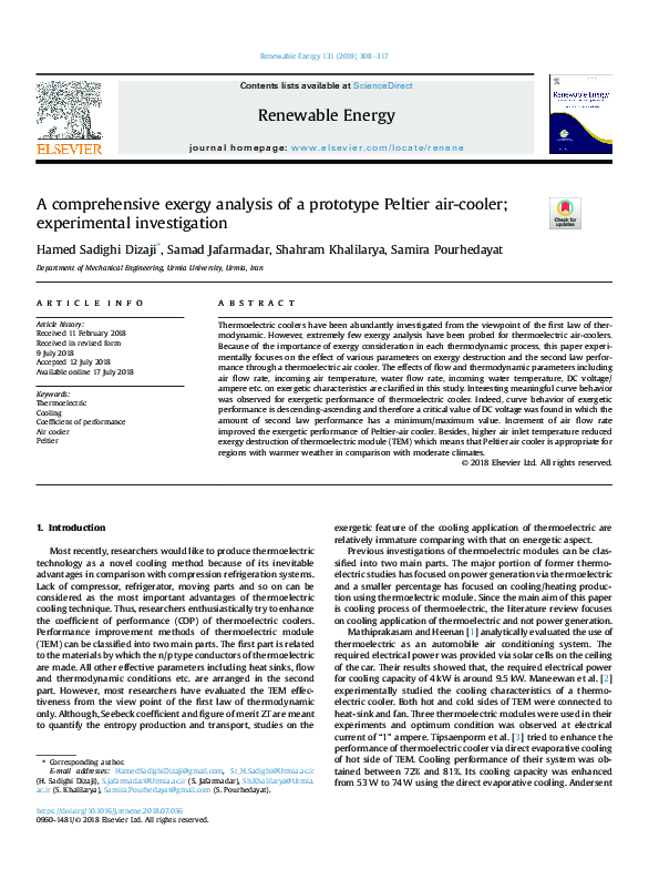 (PDF) A comprehensive exergy analysis of a prototype Peltier air-cooler ...