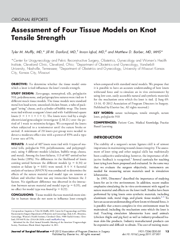 (PDF) Assessment of Four Tissue Models on Knot Tensile Strength