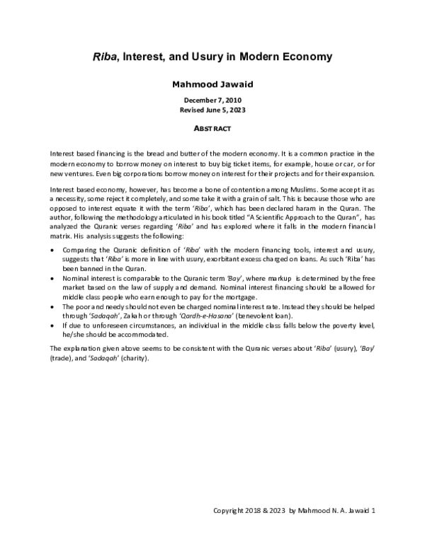(PDF) Riba, Interest, and Usury in Modern Economy