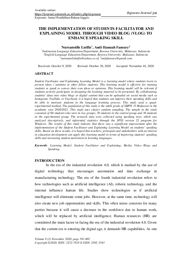 (PDF) The Implementation of Students Facilitator and Explaining Model ...